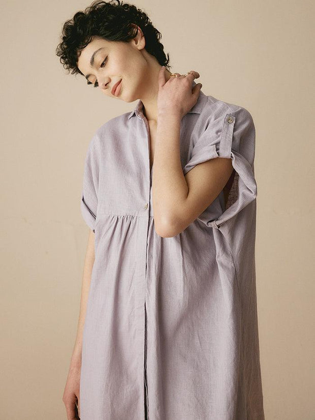 Linen Shirt Dress for Women, Short Sleeve with Convertible Cuffs and Curved Hem - Effortless Style in White