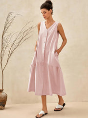 Linen Sleeveless V-Neck Mid-Length Womens Dress – Lightweight A-Line Summer Dress for Vacation
