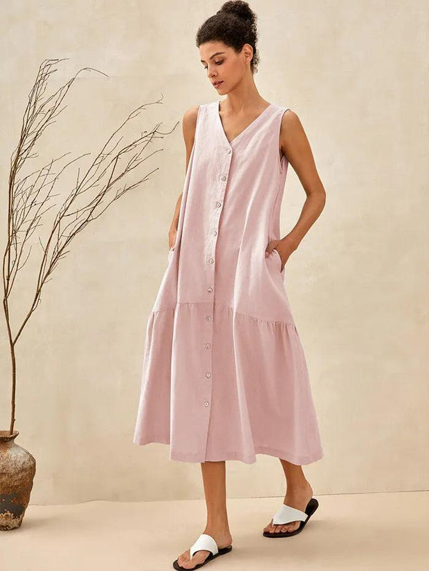 Linen Sleeveless V-Neck Mid-Length Womens Dress – Lightweight A-Line Summer Dress for Vacation