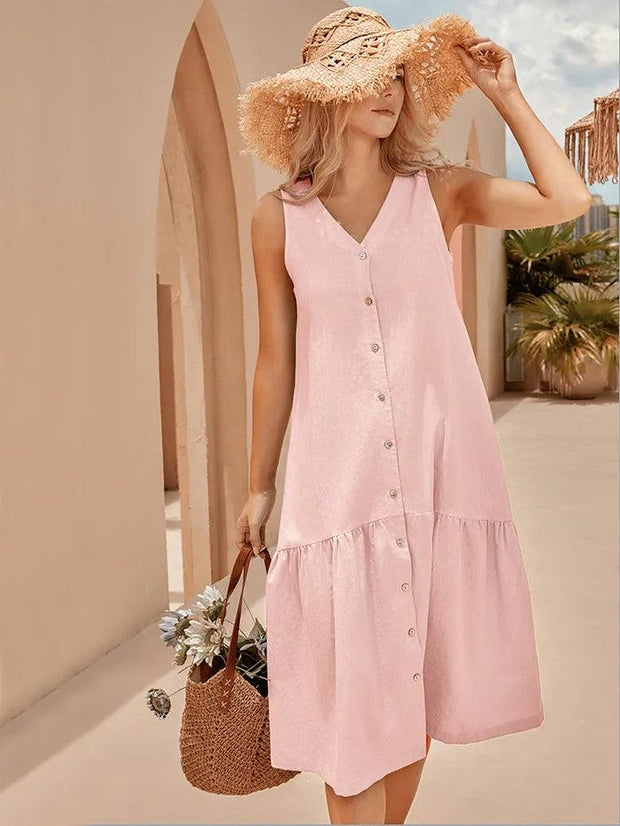 Linen Sleeveless V-Neck Mid-Length Womens Dress – Lightweight A-Line Summer Dress for Vacation