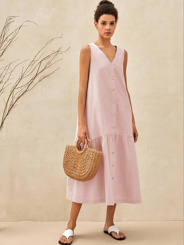 Linen Sleeveless V-Neck Mid-Length Womens Dress – Lightweight A-Line Summer Dress for Vacation