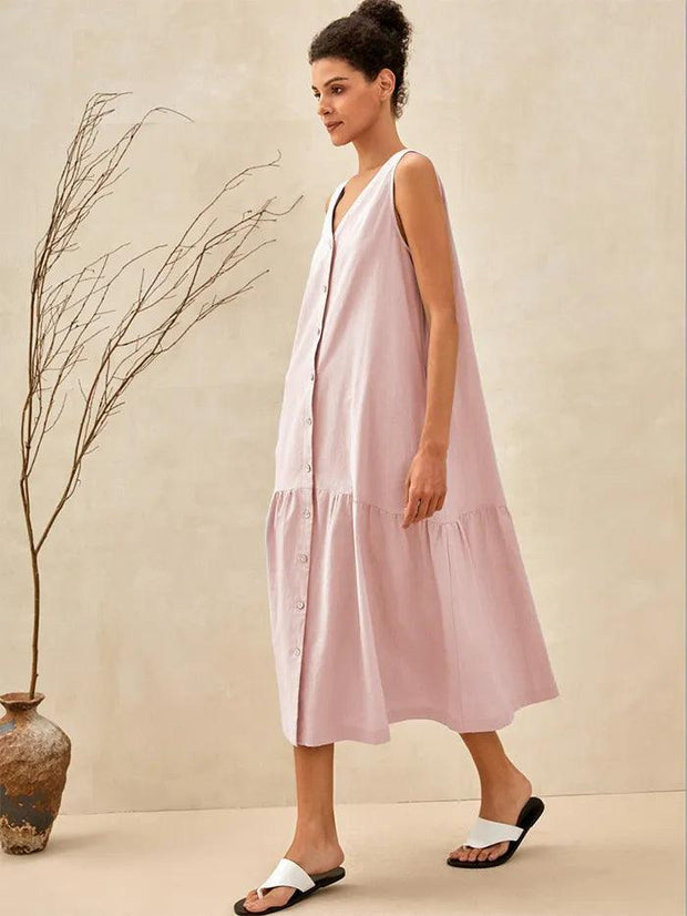 Linen Sleeveless V-Neck Mid-Length Womens Dress – Lightweight A-Line Summer Dress for Vacation