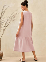 Linen Sleeveless V-Neck Mid-Length Womens Dress – Lightweight A-Line Summer Dress for Vacation