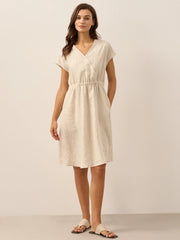 Linen Striped Midi Dress for Women - Casual A-Line Summer Dress with Elastic Waist and Cap Sleeves
