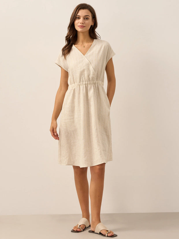 Linen Striped Midi Dress for Women - Casual A-Line Summer Dress with Elastic Waist and Cap Sleeves