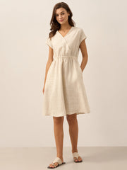 Linen Striped Midi Dress for Women - Casual A-Line Summer Dress with Elastic Waist and Cap Sleeves