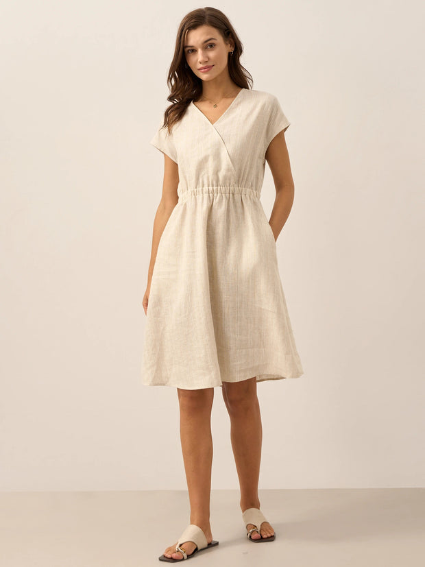 Linen Striped Midi Dress for Women - Casual A-Line Summer Dress with Elastic Waist and Cap Sleeves