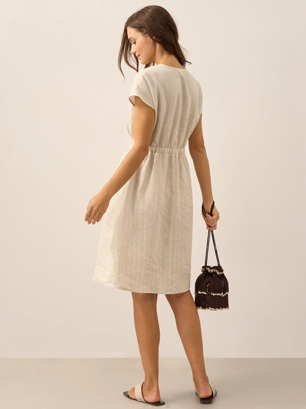 Linen Striped Midi Dress for Women - Casual A-Line Summer Dress with Elastic Waist and Cap Sleeves