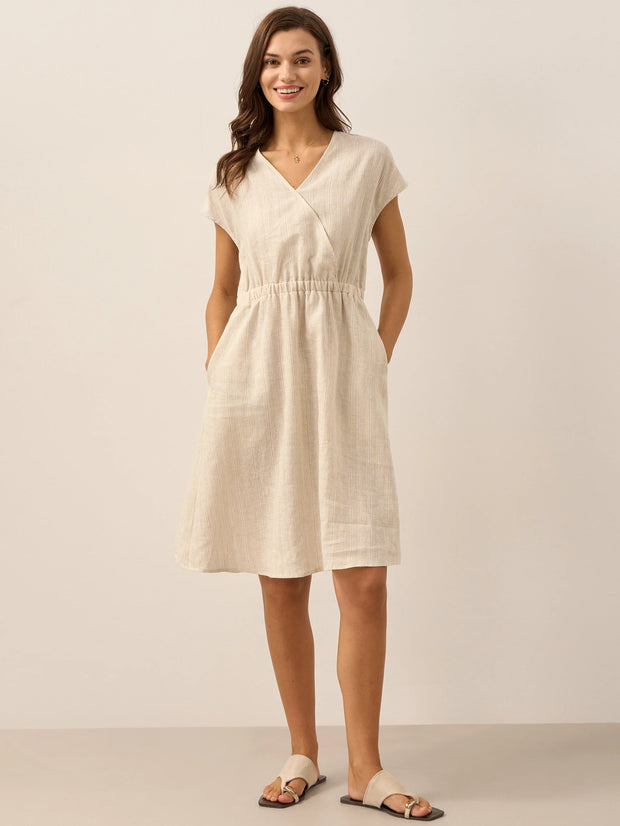 Linen Striped Midi Dress for Women - Casual A-Line Summer Dress with Elastic Waist and Cap Sleeves