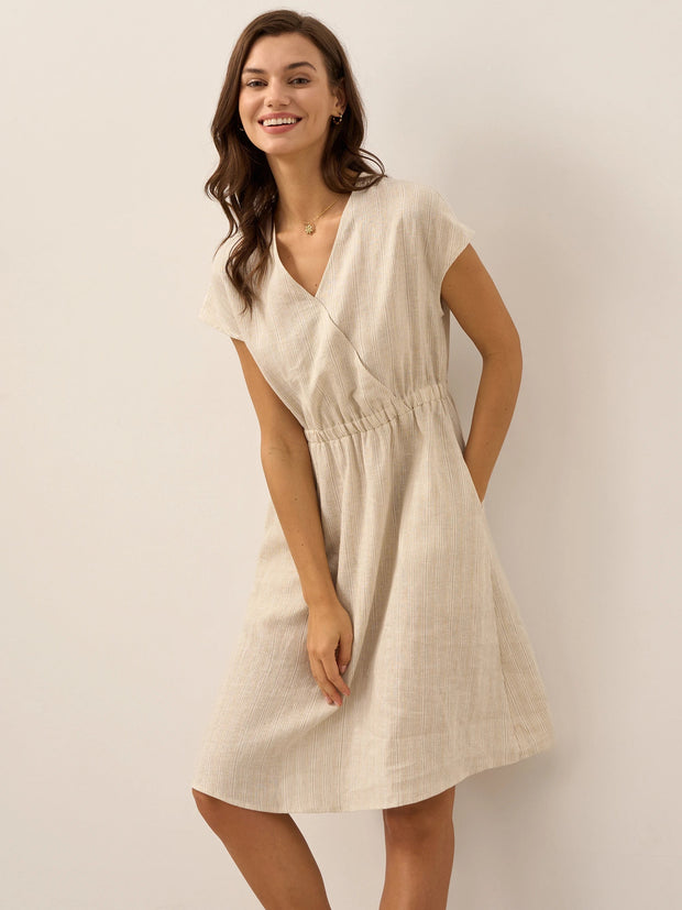 Linen Striped Midi Dress for Women - Casual A-Line Summer Dress with Elastic Waist and Cap Sleeves