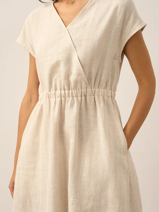 Linen Striped Midi Dress for Women - Casual A-Line Summer Dress with Elastic Waist and Cap Sleeves