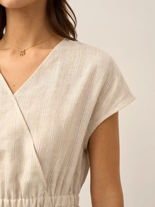 Linen Striped Midi Dress for Women - Casual A-Line Summer Dress with Elastic Waist and Cap Sleeves