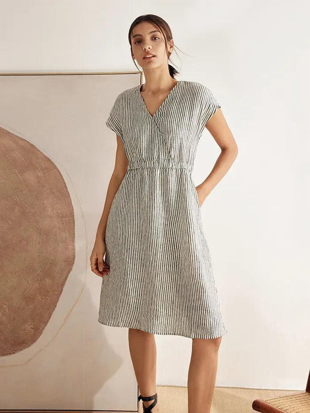 Linen Striped Midi Dress for Women - Casual A-Line Summer Dress with Elastic Waist and Cap Sleeves