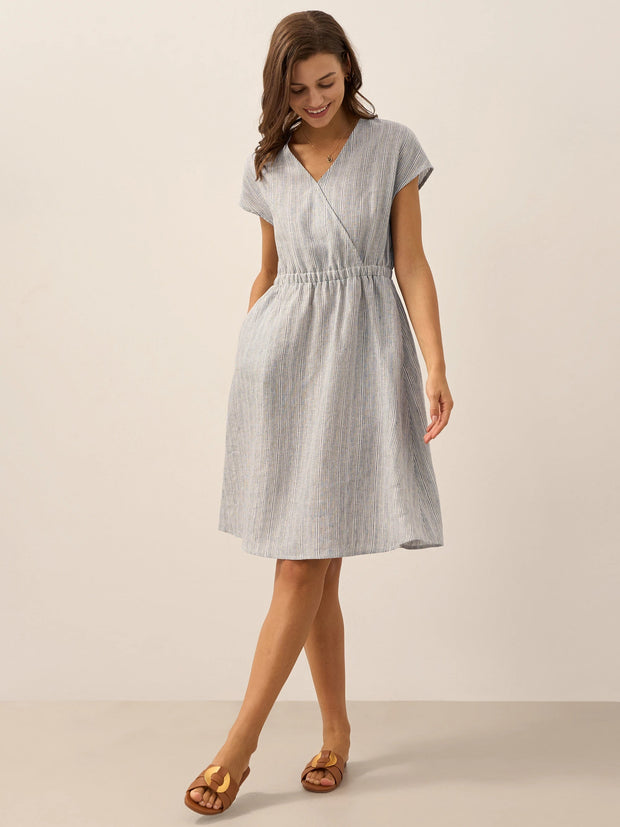 Linen Striped Midi Dress for Women - Casual A-Line Summer Dress with Elastic Waist and Cap Sleeves