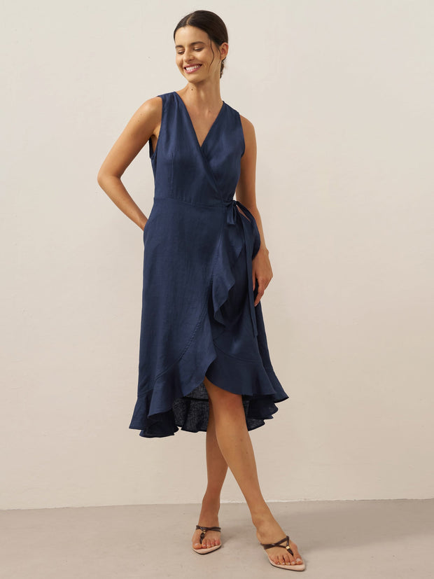 Linen V-Neck Maxi Dress for Women with Asymmetric Ruffle Hem and Hidden Pockets – Elegant Long Dress in Navy Blue
