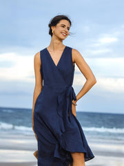 Linen V-Neck Maxi Dress for Women with Asymmetric Ruffle Hem and Hidden Pockets – Elegant Long Dress in Navy Blue