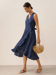 Linen V-Neck Maxi Dress for Women with Asymmetric Ruffle Hem and Hidden Pockets – Elegant Long Dress in Navy Blue