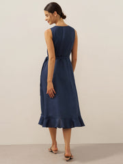 Linen V-Neck Maxi Dress for Women with Asymmetric Ruffle Hem and Hidden Pockets – Elegant Long Dress in Navy Blue
