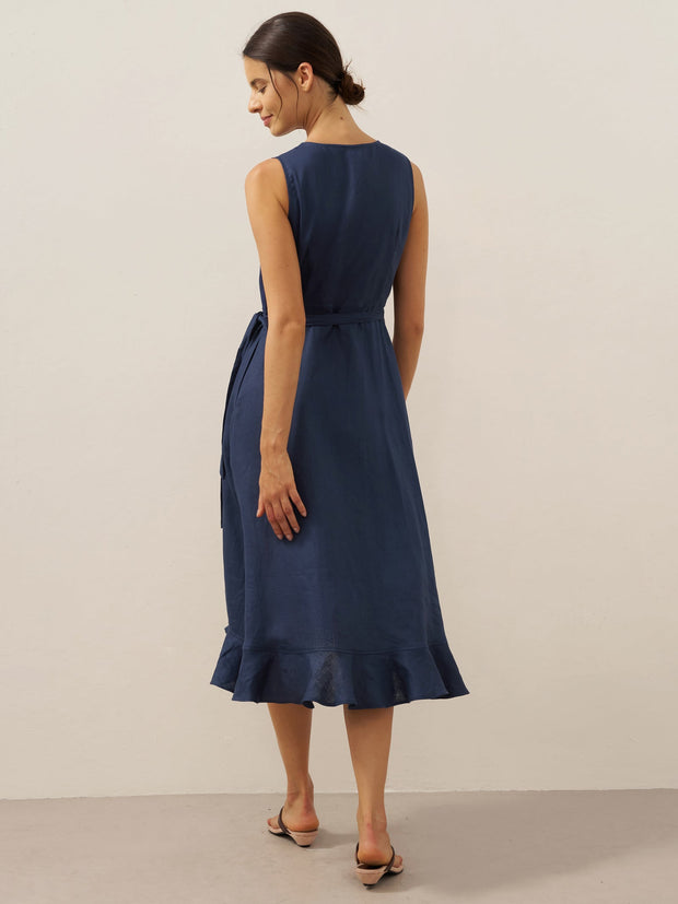 Linen V-Neck Maxi Dress for Women with Asymmetric Ruffle Hem and Hidden Pockets – Elegant Long Dress in Navy Blue