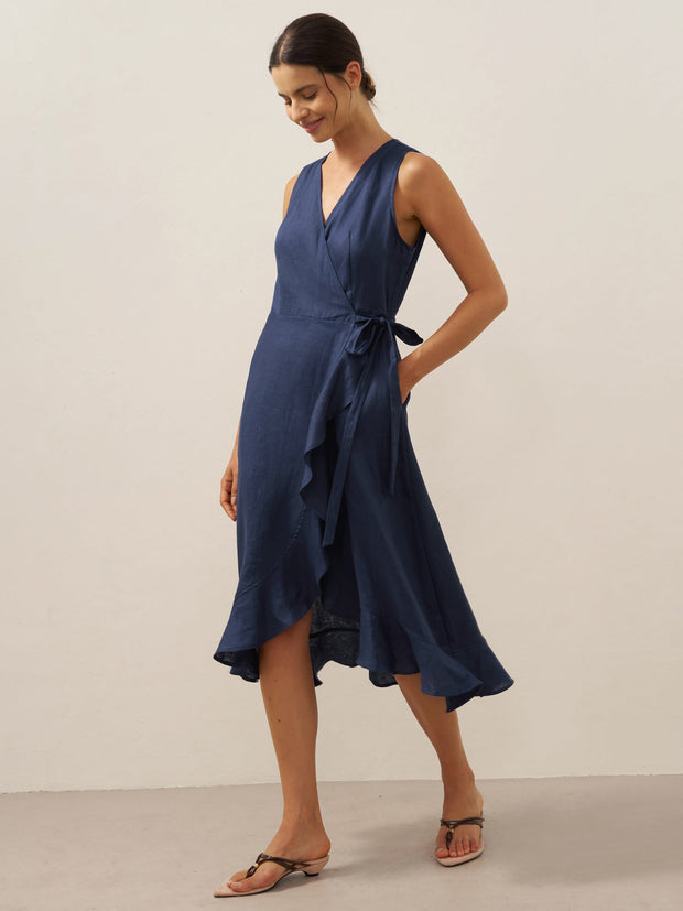 Linen V-Neck Maxi Dress for Women with Asymmetric Ruffle Hem and Hidden Pockets – Elegant Long Dress in Navy Blue