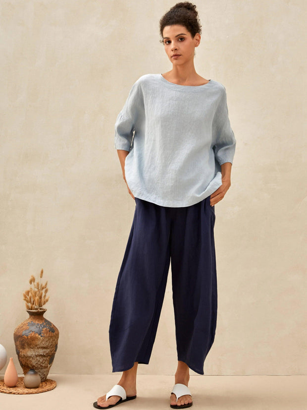 Linen Wide Leg Pants for Women – Relaxed Fit Ankle-Length with Elastic Waist and Pockets