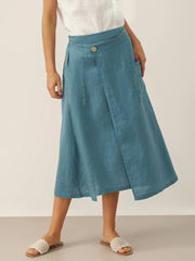 Linen Wrap Skirt with Angled Closure and Elastic Back – Contemporary Style in Dove Blue
