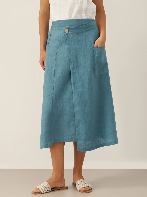 Linen Wrap Skirt with Angled Closure and Elastic Back – Contemporary Style in Dove Blue