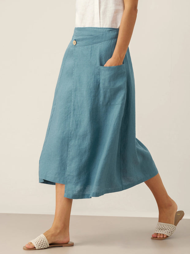 Linen Wrap Skirt with Angled Closure and Elastic Back – Contemporary Style in Dove Blue
