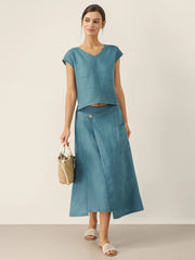 Linen Wrap Skirt with Angled Closure and Elastic Back – Contemporary Style in Dove Blue