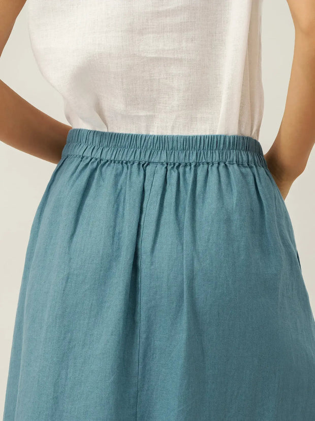 Linen Wrap Skirt with Angled Closure and Elastic Back – Contemporary Style in Dove Blue