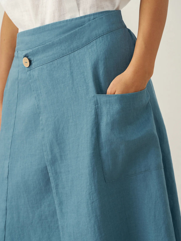 Linen Wrap Skirt with Angled Closure and Elastic Back – Contemporary Style in Dove Blue