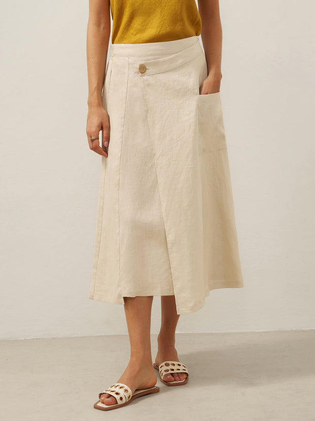 Linen Wrap Skirt with Angled Closure and Elastic Back – Contemporary Style in Dove Blue