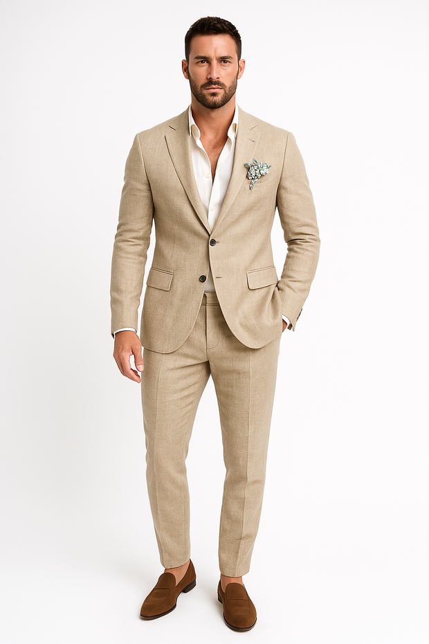 Men's Light Grey Linen Suit - Slim Fit Two-Piece Set for Formal and Smart-Casual Events