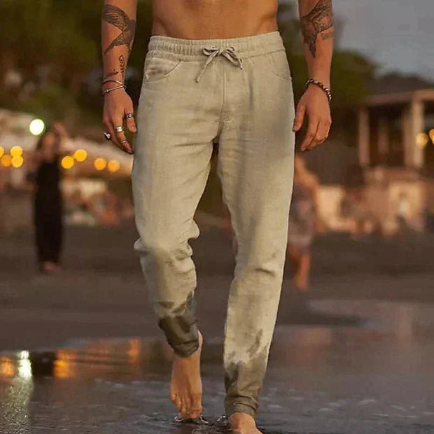 Men's Lightweight Linen Pants - Breathable Casual Trousers with Elastic Waistband and Side Pockets for Comfortable Summer Wear-Cramta