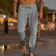Men's Lightweight Linen Pants - Breathable Casual Trousers with Elastic Waistband and Side Pockets for Comfortable Summer Wear-Cramta
