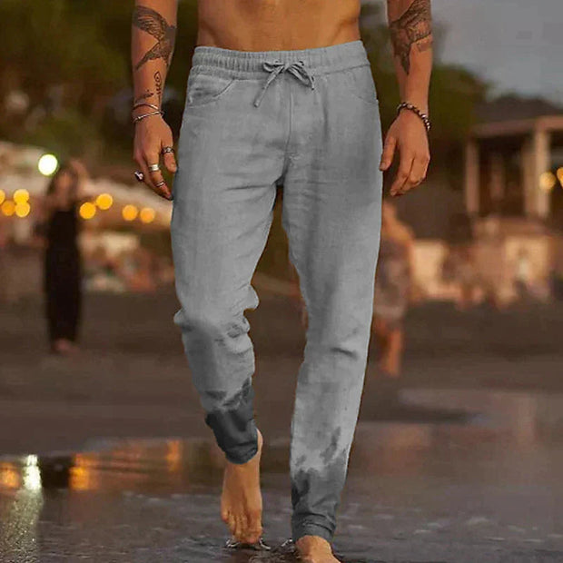 Men's Lightweight Linen Pants - Breathable Casual Trousers with Elastic Waistband and Side Pockets for Comfortable Summer Wear-Cramta