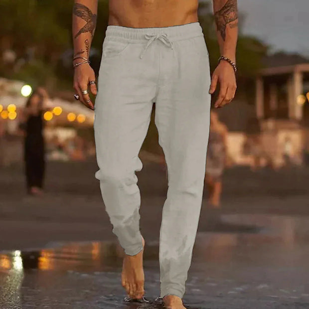 Men's Lightweight Linen Pants - Breathable Casual Trousers with Elastic Waistband and Side Pockets for Comfortable Summer Wear-Cramta