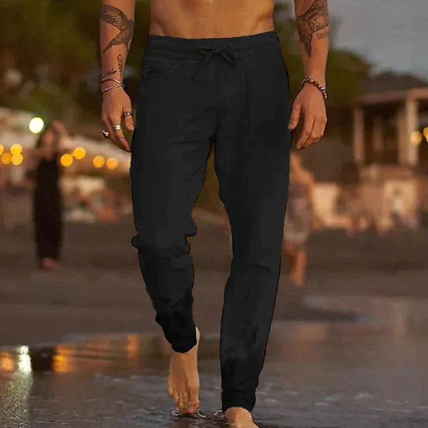 Men's Lightweight Linen Pants - Breathable Casual Trousers with Elastic Waistband and Side Pockets for Comfortable Summer Wear-Cramta
