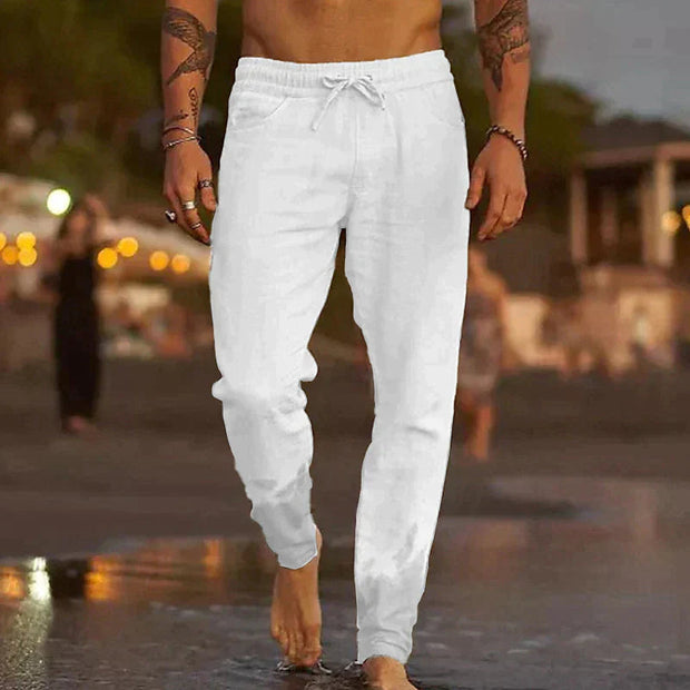 Men's Lightweight Linen Pants - Breathable Casual Trousers with Elastic Waistband and Side Pockets for Comfortable Summer Wear-Cramta