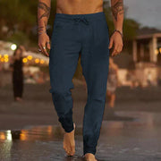 Men's Lightweight Linen Pants - Breathable Casual Trousers with Elastic Waistband and Side Pockets for Comfortable Summer Wear-Cramta