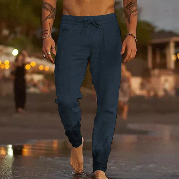 Men's Lightweight Linen Pants - Breathable Casual Trousers with Elastic Waistband and Side Pockets for Comfortable Summer Wear-Cramta