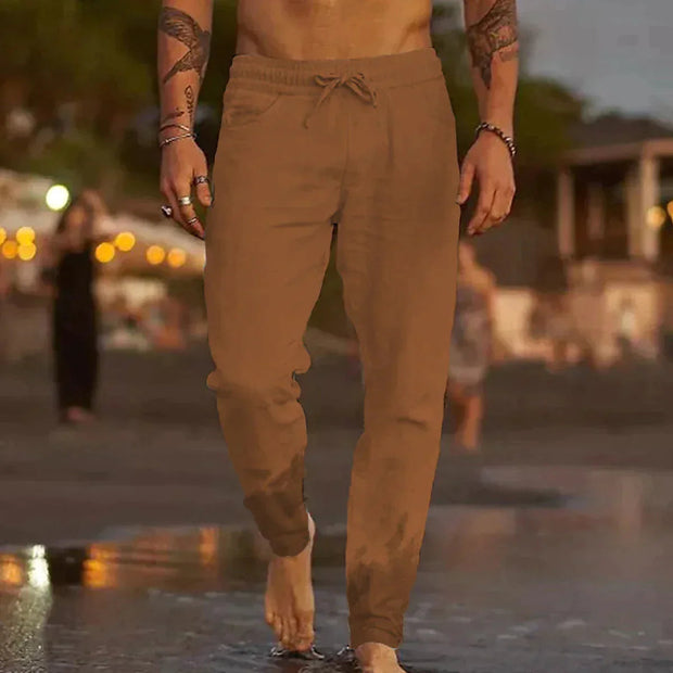 Men's Lightweight Linen Pants - Breathable Casual Trousers with Elastic Waistband and Side Pockets for Comfortable Summer Wear-Cramta