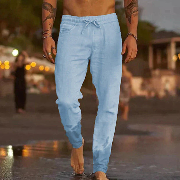 Men's Lightweight Linen Pants - Breathable Casual Trousers with Elastic Waistband and Side Pockets for Comfortable Summer Wear-Cramta