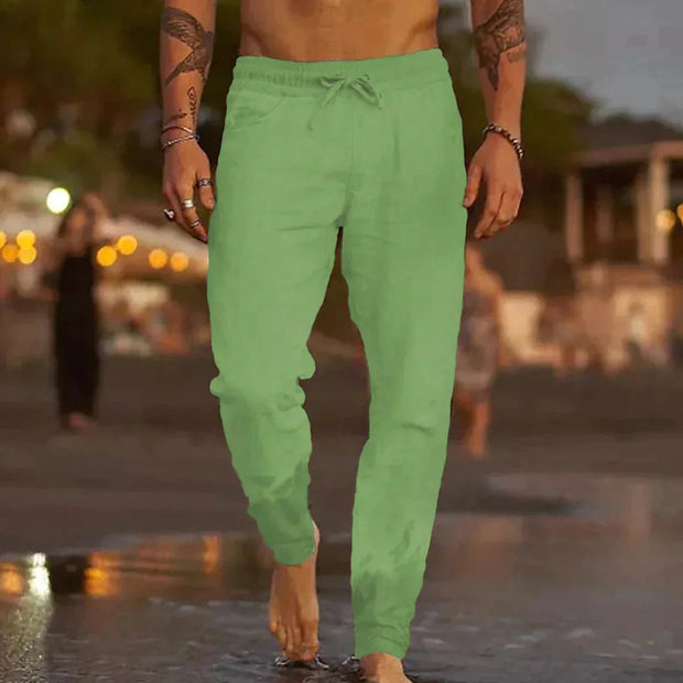 Men's Lightweight Linen Pants - Breathable Casual Trousers with Elastic Waistband and Side Pockets for Comfortable Summer Wear-Cramta
