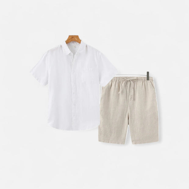 Men's Lightweight Linen Shorts and Shirt Set – Breathable Comfort for Warm Weather, Relaxed Fit, Adjustable Waistband