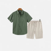 Men's Lightweight Linen Shorts and Shirt Set – Breathable Comfort for Warm Weather, Relaxed Fit, Adjustable Waistband