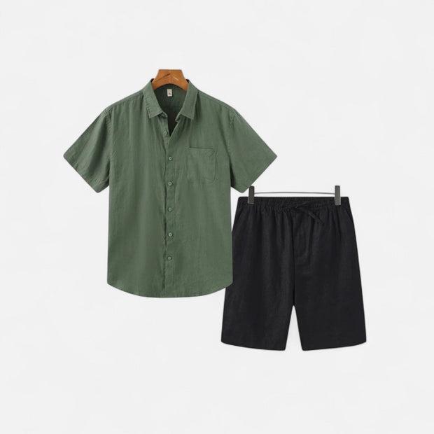 Men's Lightweight Linen Shorts and Shirt Set – Breathable Comfort for Warm Weather, Relaxed Fit, Adjustable Waistband