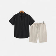 Men's Lightweight Linen Shorts and Shirt Set – Breathable Comfort for Warm Weather, Relaxed Fit, Adjustable Waistband