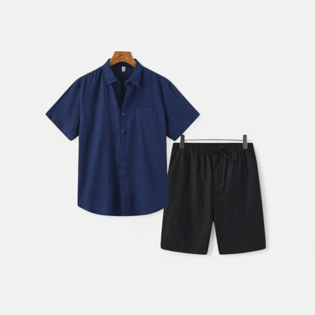 Men's Lightweight Linen Shorts and Shirt Set – Breathable Comfort for Warm Weather, Relaxed Fit, Adjustable Waistband