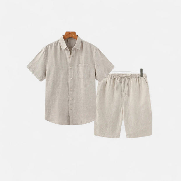 Men's Lightweight Linen Shorts and Shirt Set – Breathable Comfort for Warm Weather, Relaxed Fit, Adjustable Waistband